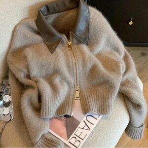 New Women's Beige Jacket with Leather Collar double zipper cardigan